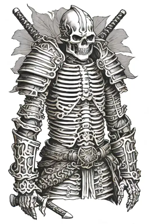 skeleton wearing samurai armor tattoo design idea