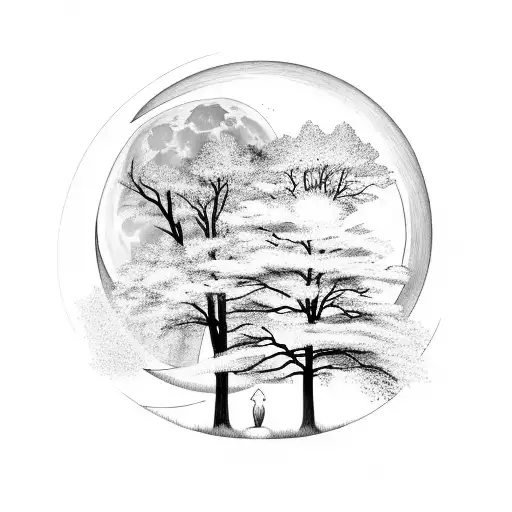 A serene forest scene with a mystical moon shining through the trees tattoo design idea
