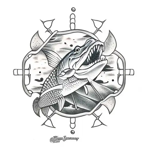 aquatic scene with a redfish, alligator skull, crab trap, and anchor tattoo design idea