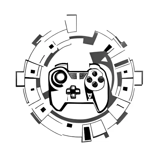 A minimalist tattoo of a video game controller morphing into a spaceship, representing the immersive world of gaming and exploration. tattoo design idea