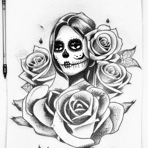 woman  dia de Los muertos with roses around  tattoo design idea