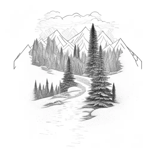 A trail winding through a lush forest with a silhouette of a hiker tattoo design idea