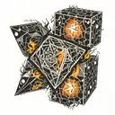 heart on fire, dice reading 2 and 4, double exposed  tattoo design idea