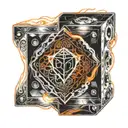 heart on fire, dice reading 2 and 4, double exposed  tattoo design idea