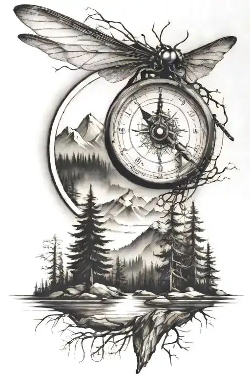 pine tree forest with stream and mountains with compass and dragonfly tattoo design idea