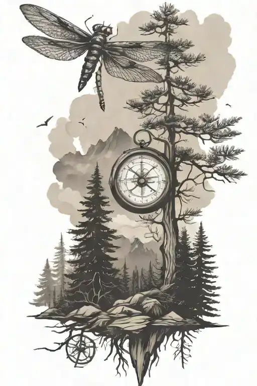 pine tree forest with steam and mountains with compass and dragonfly tattoo design idea