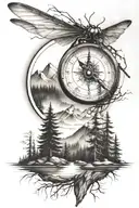 pine tree forest with stream and mountains with compass and dragonfly tattoo design idea