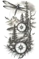pine tree forest with stream and mountains with compass and dragonfly tattoo design idea