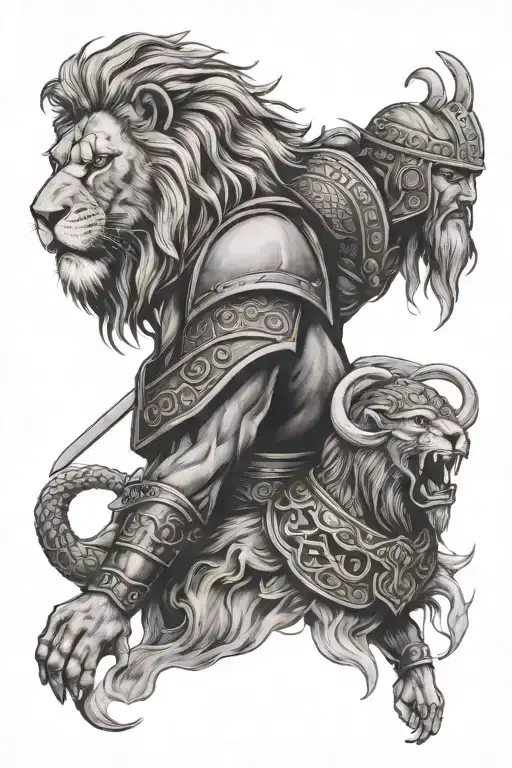 lion and viking warrior tattoo design idea