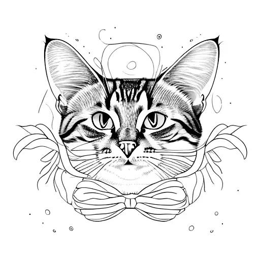 a tabby cat with super big and beautiful eyes and big ears looking at the camera in a confused way tattoo design idea
