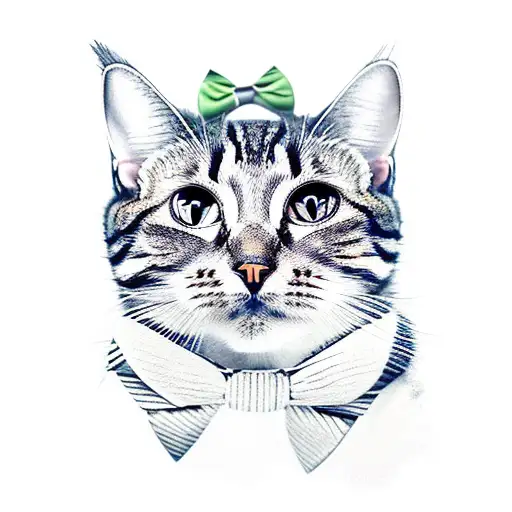 a tabby cat with super big and beautiful eyes and big ears looking at the camera in a confused way and he has a bowtie tattoo design idea