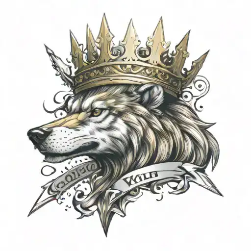 A crown made of swords with a wolf emblem surrounded tattoo design idea