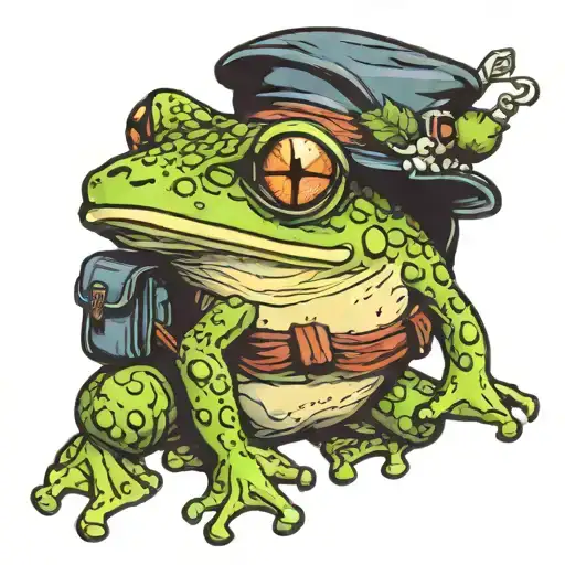 FUNNY FROG WITH HAT AND BACKPACK tattoo design idea