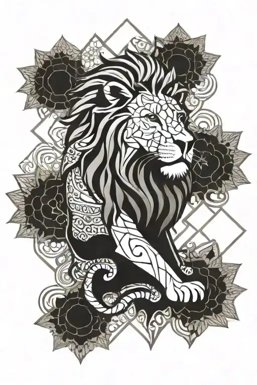 henna inspired patterns, lion, sunflower tattoo design idea