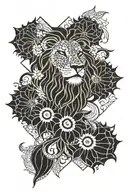 henna inspired patterns, lion, sunflower tattoo design idea
