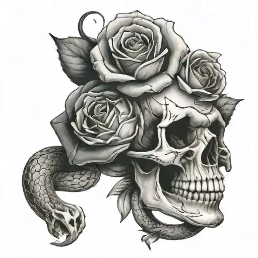 skull and rose and snake wrapped tattoo design idea