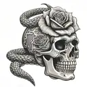 skull and rose and snake wrapped tattoo design idea