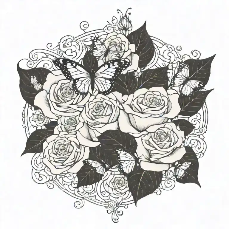 rose and butterfly down spine tattoo design idea