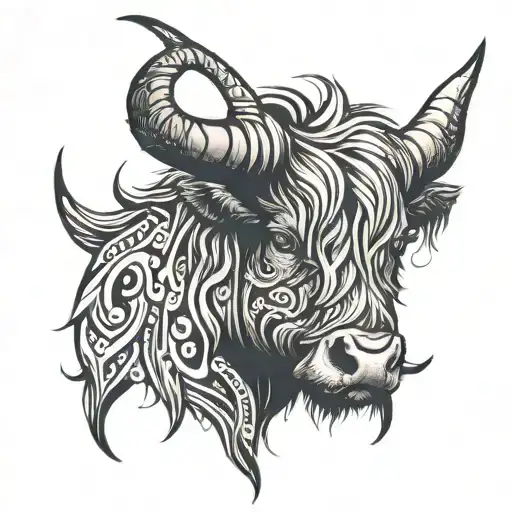 highland cow head tribal back piece tattoo design idea