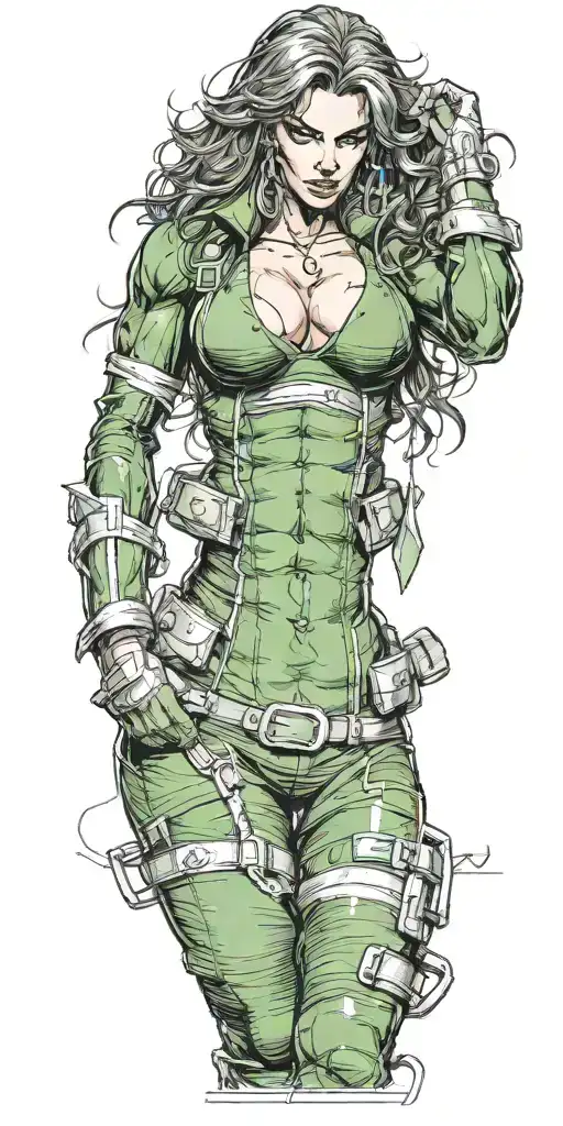 voluptuous rogue x-men, defined muscles, cleavage visible, abs visible, green color, suit open to belt, no shirt or bra tattoo design idea