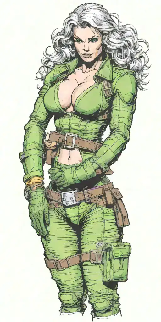 voluptuous rogue x-men, defined muscles, cleavage visible, abs visible, green color, suit open to belt, no shirt or bra tattoo design idea
