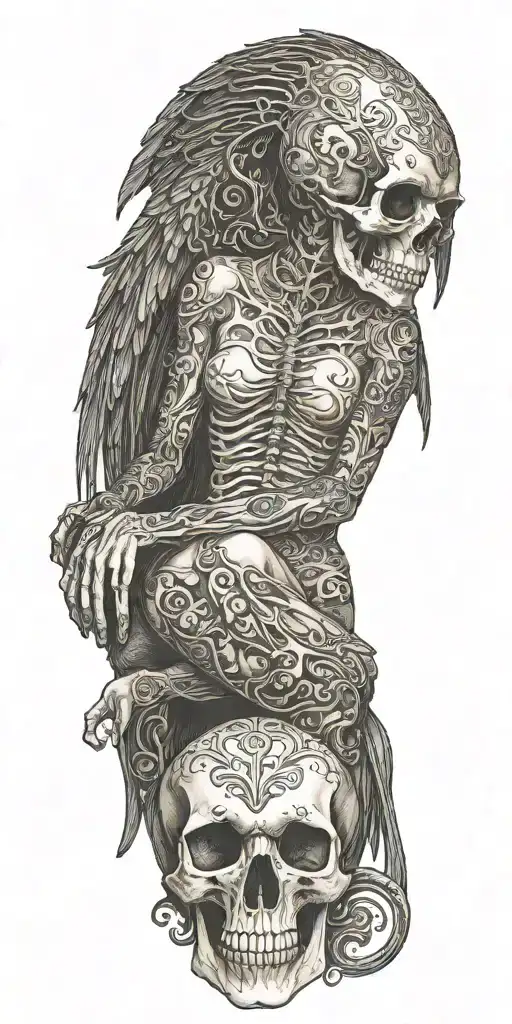 Morrigan Irish Goddess Nude seated Skull Throne abs nipples muscles feet on skull tattoo design idea