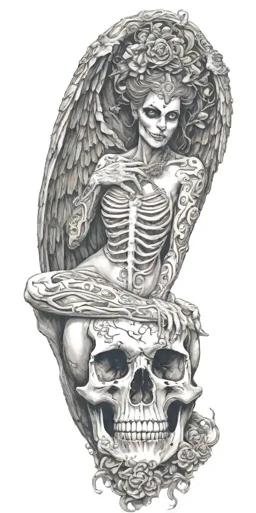 Morrigan Irish Goddess Nude seated Skull Throne abs nipples muscles feet on skull tattoo design idea