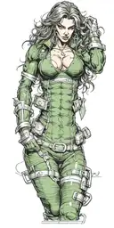 voluptuous rogue x-men, defined muscles, cleavage visible, abs visible, green color, suit open to belt, no shirt or bra tattoo design idea