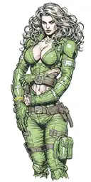 voluptuous rogue x-men, defined muscles, cleavage visible, abs visible, green color, suit open to belt, no shirt or bra tattoo design idea