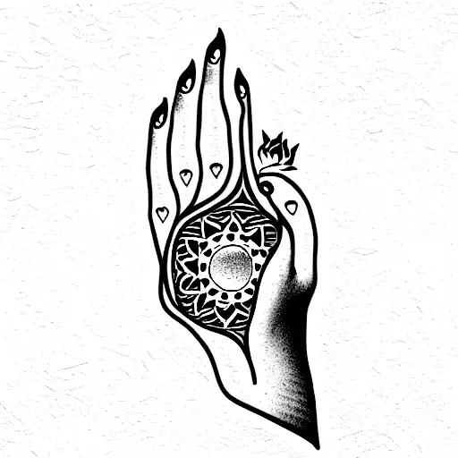 spiritual hand with fire moon and lotus tattoo design idea