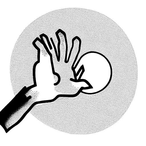 outline of a hand clicking with fire coming out of the fingers like a lighter and surrounded by a moon crescent tattoo design idea