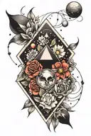 a black diamond shape with moons and planets inside with flowers around it tattoo design idea