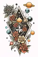 a black diamond shape with moons and planets inside with flowers around it tattoo design idea