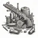 A detailed scene of a redneck shooting competition, with targets, guns, and beer bottles scattered around tattoo design idea