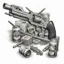 A detailed scene of a redneck shooting competition, with targets, guns, and beer bottles scattered around tattoo design idea