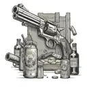 A detailed scene of a redneck shooting competition, with targets, guns, and beer bottles scattered around tattoo design idea