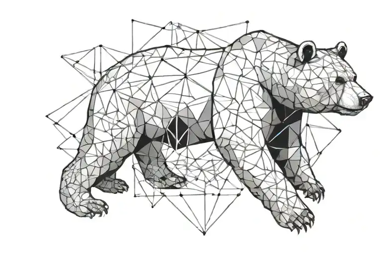 A detailed tattoo featuring a large bear and its cub nestled together. The bears are set against a geometric background  tattoo design idea