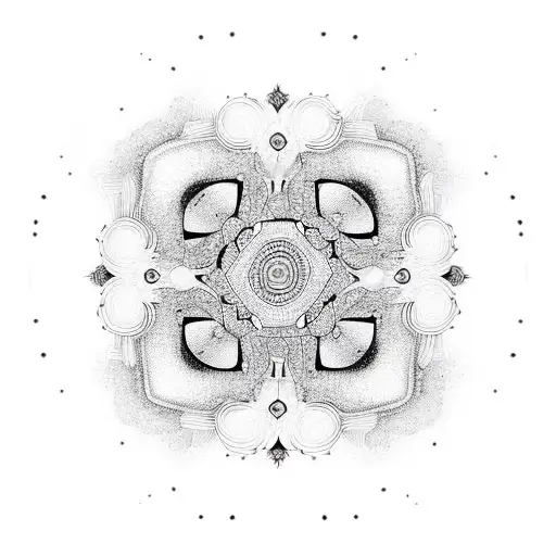 Psychedelic black-grey mandala merging with a sketch-style representation of a euphoric rave crowd tattoo design idea
