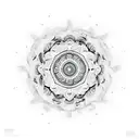 Psychedelic black-grey mandala merging with a sketch-style representation of a euphoric rave crowd tattoo design idea