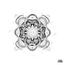 Psychedelic black-grey mandala merging with a sketch-style representation of a euphoric rave crowd tattoo design idea
