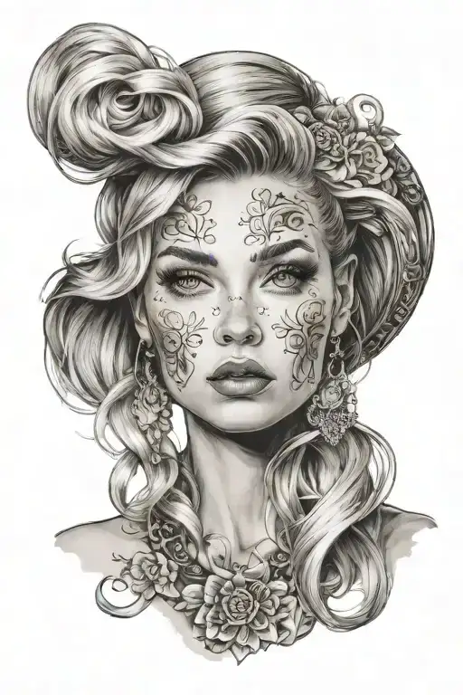 woman who looks like blonde mid lenght hair coloured eyes rinoplystic nose and have russian lips  tattoo design idea