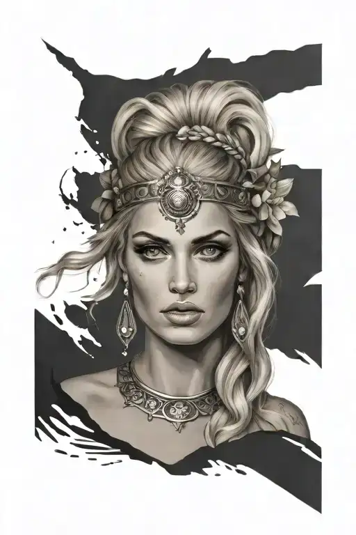 greek goddess looks like has lob cut blond hair diomond shape face coloured eyes rinoplastic nose and have russian lips tattoo design idea