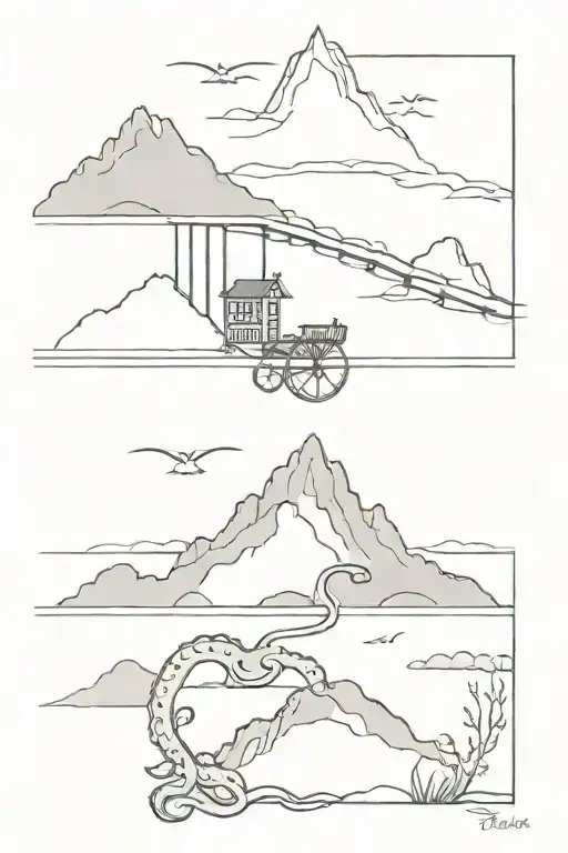 scenic bridge with octopus and mountain peak tattoo design idea
