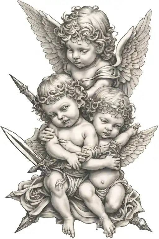 Baby angels holding swords crossed tattoo design idea