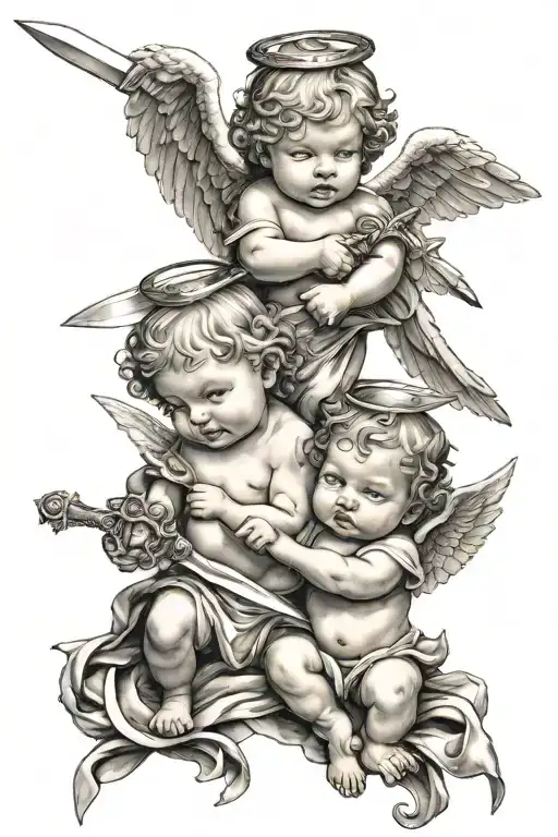 Baby angels holding swords crossed tattoo design idea