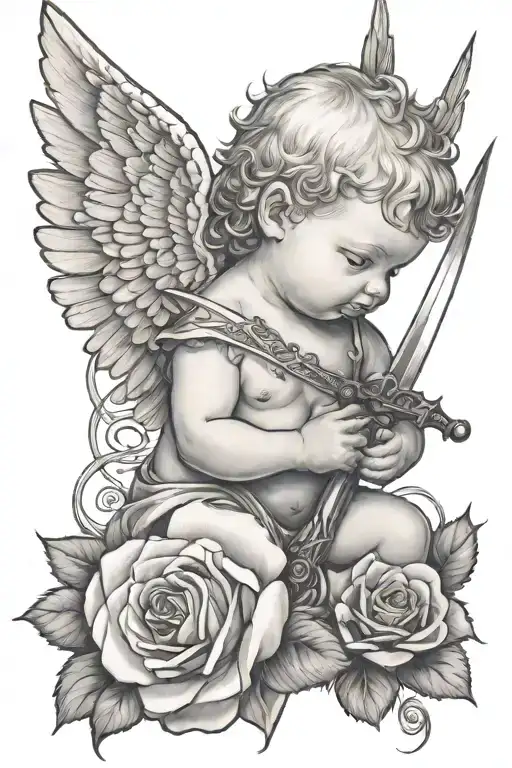 baby angel with red rose and sword tattoo design idea