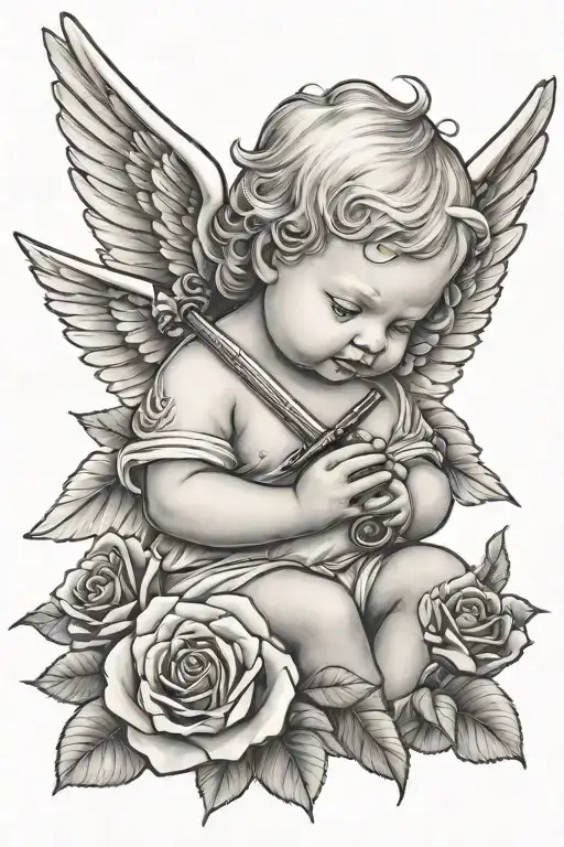baby angel with red rose and sword tattoo design idea