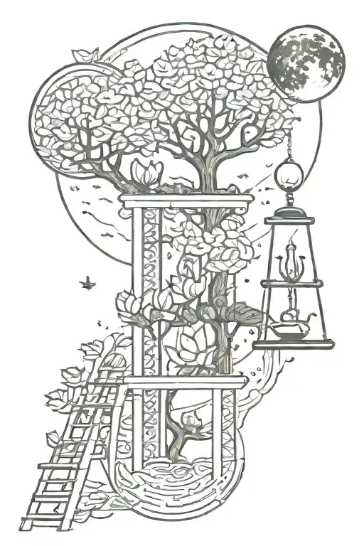 lotus,hourglass,ladder,infinity,tree,moon tattoo design idea