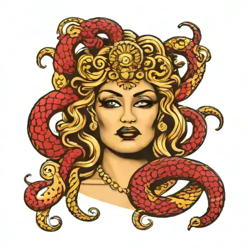 versace  medusa with  red eyes snakes around her head and she is smoking a  cigar   tattoo design idea