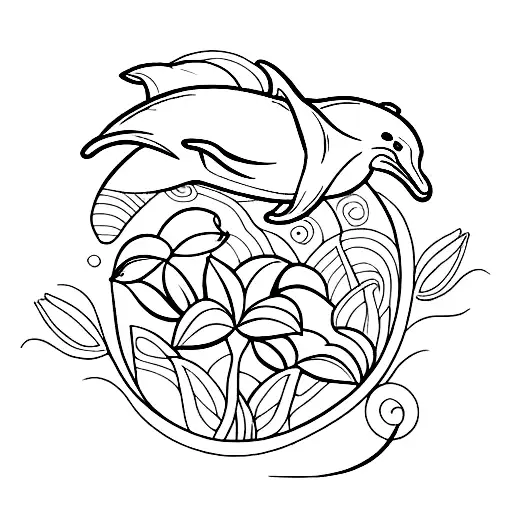 Dolphin and turtle flowers waves tattoo design idea